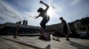 epa08501007 A skater rides his skateboard and performs tricks in Salgotarjan, Hungary, 21 June 2020.  EPA/Peter Komka HUNGARY OUT
