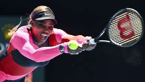 epa09000029 Serena Williams of the United States of America in action against Nina Stojanovic of Serbia during their second round match of the Australian Open Grand Slam tennis tournament in Melbourne, Australia, 10 February 2021.  EPA/DAVE HUNT  AUSTRALIA AND NEW ZEALAND OUT