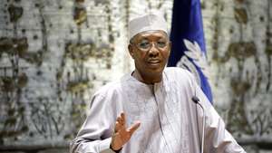 epa07189806 President Idriss Deby Itno of Chad speaks  during his meeting with the Israeli President Reuven Rivlin (not pictuerd) at the President's Residence in Jerusalem, Israel, 25 November 2018.  EPA/ABIR SULTAN
