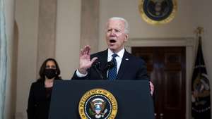 epa09148568 US President Joe Biden (R) delivers remarks as US Vice President Kamala Harris (L) looks on, after former Minneapolis Police Department Police Officer Derek Chauvin was found guilty on all counts in the death of George Floyd, at the White House in Washington, DC, USA, 20 April 2021.  EPA/Doug Mills / POOL