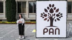 A porta-voz do Pessoas-Animais-Natureza (PAN), Inês de Sousa Real, discursa na concentração de homenagem aos animais mortos, no dia em que se assinala um ano do incêndio em dois abrigos sobrelotados e insalubres, na serra da Agrela, que matou 69 cães e quatro gatos, em Santo Tirso, 18 de julho de 2021. FERNANDO VELUDO / LUSA
