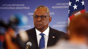 epa10113802 US Secretary of Defense Lloyd Austin attends the news conference after his meeting with Latvian Defence Minister in Riga, Latvia, 10 August 2022. Austin's visit is to meet with the highest officials of the Latvian state to confirm the US commitment to defend all NATO allies by maintaining a permanent military presence in Latvia and the Baltic region. During the meeting, officials discuss the results of the NATO Madrid summit and the implementation of the adopted decisions, US support for Latvia's security and the continuation of military support to Ukraine.  EPA/TOMS KALNINS