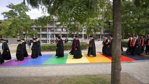 epa10161766 Professors during the opening of the Academic Year of Erasmus University Rotterdam in Rotterdam, the Netherlands, 05 September 2022. Universities start the academic year with this traditional opening walk.  EPA/Olaf Kraak