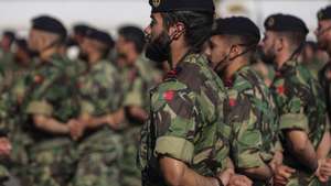 A Força de Fuzileiros, composta por 146 militares da Marinha Portuguesa, regressa da Lituânia, após três meses de missão no quadro das medidas de tranquilização da NATO para o flanco leste da Aliança, cerimónia de receção aos militares portugueses presidida pelo chefe do Estado-Maior da Armada, almirante Henrique Gouveia e Melo (ausente da fotografia), em Figo Maduro, Lisboa, 29 de agosto de 2022. MIGUEL A. LOPES/LUSA
