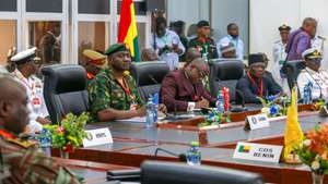 epa10804179 General Christopher Musa, Chief of Defence Staff of Nigeria (2-L) sits next to Ghana's Defence Minister Dominic Nitiwul (C) and Abdel-Fatau Musah (2-R), Commissionner of ECOWAS, as they attend the Extraordinary Meeting Of The Economic Community of West African States (ECOWAS) Committee Of Chiefs of The Defence Staff, in Accra, Ghana, 17 August 2023. The meeting, excluding Mali, Burkina Faso, Chad, Guinea and Niger, takes place a week after ECOWAS said a â€˜standby forceâ€™ could be used to restore democratically elected President Bazoum of Niger who has been held under house arrest with his wife and son since he was overthrown by the armed junta on 26 July 2023.  EPA/CHRISTIAN THOMPSON