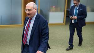 epa10629701 Former International Organization for Migration (IOM) Director General Antonio Vitorino (L) during the 6th Special Session of the IOM Council, in Geneva, Switzerland, 15 May 2023.  EPA/Pierre Albouy