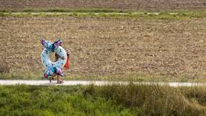 epa08607833 A woman and a man walk with a swimming ring on a field path near Unterengstringen, Switzerland, 16 August 2020.  EPA/ALEXANDRA WEY