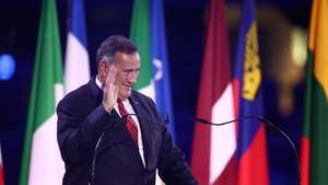 epa10704876 President of the European Olympic Committees Spyros Capralos speaks during the opening ceremony of the European Games 2023 Krakow-Malopolska, at the Henryk Reyman Municipal Stadium, in Krakow, Poland, 21 June 2023.  EPA/Lukasz Gagulski POLAND OUT