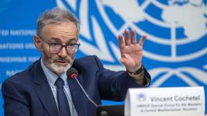 epa11458404 Vincent Cochetel, UNHCR Special Envoy for the Western and Central Mediterranean Situation, speaks about the launch of new UNHCR / IOM / MMC report on risks faced by refugees and migrants on the Central Mediterranean route titled &#039;On this journey, nobody cares if you live or die&#039;, during a press conference at the European headquarters of the United Nations in Geneva, Switzerland, 04 July 2024 (issued 05 July 2024).  EPA/MARTIAL TREZZINI