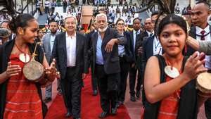 epa11573799 United Nations (UN) Secretary-General Antonio Guterres (2-L) and East Timor Prime Minister Xanana Gusmao (C) arrive for a ceremony marking the 25th anniversary of the referendum for self-determination of East Timor, at Dili Stadium, East Timor, 30 August 2024. Guterres is on an official visit to East Timor coinciding with the 25th anniversary of the UN-supervised referendum that led to the country&#039;s independence on 30 August 1999. Timor Leste&#039;s independence referendum was organised by the United Nations Mission in East Timor (UNTAET) leading to their separation from Indonesia.  EPA/PAULO NOVAIS