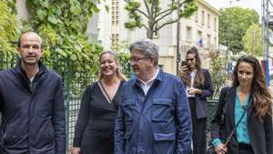 epa11466705 (L-R) President of LFI Manuel Bompard, re-elected Deputy of LFI Matilde Panod, leader of La France Insoumise (LFI) Jean-Luc Melenchon and re-elected Deputy LFI Clemence Guette, arrive to the Headquarter of the Party for a meeting in Paris, France, 08 July 2024. France voted on 07 July for the second round of the legislative elections. According to the first official results, the leftist alliance Le Nouveau Front Populaire came ahead of the French President Macron&#039;s ruling coclation and the extreme right one the Rassemblement national (RN).  EPA/ANDRE PAIN