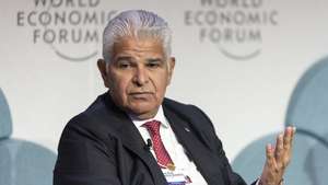 epa11844025 President of Panama, Jose Raul Mulino Quintero, speaks during a panel session at the 55th annual meeting of the World Economic Forum (WEF) in Davos, Switzerland, 22 January 2025.  EPA/MICHAEL BUHOLZER