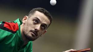 epa11668505 Marcos Freitas of Portugal in action during the Men’s Single Round of 16 match Dimitrij Ovtcharov of Germany at the Table Tennis European Championships in Linz, Austria, 19 October 2024.  EPA/ANNA SZILAGYI
