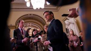 epa11957377 US House Speaker Mike Johnson speaks to the media following a vote on the House floor at the US Capitol, in Washington, DC, USA, 11 March 2025. The vote secured the passage of a  continuous resolution on government funding by 217 to 213 votes, as the bill will now pass to the Senate to vote on before the deadline of 14 March before a shutdown of the US government.  EPA/WILL OLIVER
