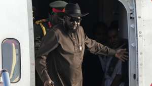 epa11576668 South Sudan's President Salva Kiir (C) arrives at Beijing Capital International Airport to attend the Forum on China-Africa Cooperation in Beijing, China, 01 September 2024.  EPA/ANDY WONG / POOL