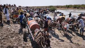 epa11898825 Sudanese refugees wait their turn to get drinking water from a muddy pond in Gerbana, a village 22km from the Sudanese border, South Sudan, 13 February 2025 (issued on 15 February 2025), as  water shortages and diseases resulting from contaminated water have become the community's main complaint. About 110,000 people have arrived in Renk County since December 2024, according to MSF, with 70,000 living in informal settlements such as Gerbana and Atham. There are 975,079 Sudanese refugees in South Sudan, according to UNHCR.  EPA/DIEGO MENJIBAR