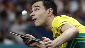 epa11533572 Hugo Calderano of Brazil in action against Felix Lebrun of France during the Men's Team Quarterfinal Game between Brazil and France at the Table Tennis competitions in the Paris 2024 Olympic Games, at The South Paris Arena in Paris, France, 07 August 2024.  EPA/MAST IRHAM