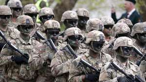 epa12072755 Soldiers of the US Army parade during the Latvian Independence Restoration Day military parade in Talsi, Latvia, 04 May 2025. The day marks a national holiday celebrated annually with the traditional military parade taking place in a different regional center since 2013.  EPA/TOMS KALNINS