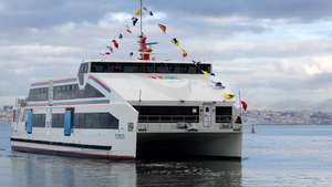 O Navio Leader “Cegonha Branca”, o 1.º navio elétrico da TTSL - Transtejo Soflusa,  foi esta manhã inaugurado pelo primeiro-ministro, António Costa, e pelo ministro do Ambiente e da Ação Climática, Duarte Cordeiro (ausentes da fotografia), no Terminal Fluvial do Seixal, 28 de novembro de 2023. ANTÓNIO COTRIM/LUSA