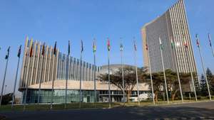 epa11898044 The flags of the 55 member countries fly outside the African Union headquarters during the 38th Ordinary Session of the Assembly of Heads of State and Government of the African Union in Addis Ababa, Ethiopia, 15 February 2025. The conference will proceed with the election of the AU's new chairman at a time of escalation of the conflict in the eastern region of the Democratic Republic of Congo.  EPA/MINASSE WONDU HAILU