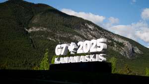 epa12175330 A sign advertising the G7 Summit is pictured at the International Media Centre on the grounds of the Banff Centre for Arts and Creativity in Banff, Canada, 14 June 2025. World leaders are expected to gather in nearby Kananaskis, Alberta from 15 to 17 June for the annual Group of Seven summit.  EPA/SPENCER COLBY