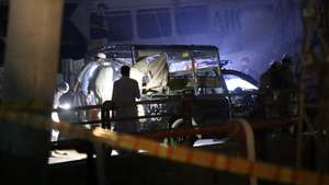 epa12092540 Pakistani security officials inspect the scene of a suicide bomb blast targeting a vehicle of police in Peshawar, Pakistan, 11 May 2025. A suicide blast in Peshawar targeted a police mobile unit near the livestock market on Ring Road, resulting in the deaths of two police officers one sub inspector and one constable and injuring three others. While no group has claimed responsibility for the attack, it underscores ongoing security challenges in Khyber-Pakhtunkhwa, prompting calls for enhanced protection for law enforcement. Officials, including the Interior Minister, condemned the attack and expressed condolences to the victims' families, highlighting the bravery of police in the face of rising terrorism threats.  EPA/BILAWAL ARBAB