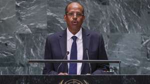 epa11621268 Djiboutian Minister for Foreign Affairs Mahamoud Ali Youssouf speaks during the 'Summit of the Future' being held in advance of this week’s General Debate of the 79th session of the United Nations General Assembly at United Nations Headquarters in New York, New York, USA, 23 September 2024.  EPA/SARAH YENESEL