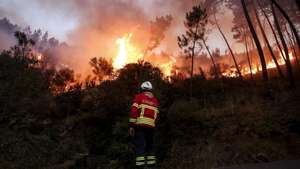 epa12311126 A firefighter looks on a forest fire in Adurao, Pampilhosa da Serra, Portugal, 19 August 2025. Portugal activated the European Civil Protection Mechanism, which sent two Fire Boss aircraft to help fight the fires. According to preliminary official data, as of August 19, 2025, over 201,000 hectares had burned in Portugal, surpassing the total burned in all of 2024.  EPA/PAULO NOVAIS