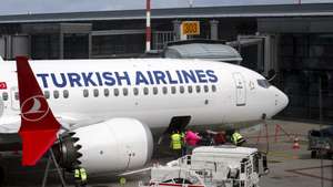 epa11455159 Turkish Airlines Boeing 737 MAX8 is seen at Riga Airport in Riga, Latvia, 03 July 2024. Riga Airport serves as a key Northern European air traffic hub, facilitating connections between the Baltic countries and major European business centers and popular holiday destinations. By joining the Net Zero 2050 initiative, Riga Airport has made a commitment to achieve climate neutrality by 2050.  EPA/TOMS KALNINS