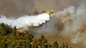 Um avião combate um incêndio que deflagrou no domingo em Aljezur, no Algarve, mantém uma frente ativa com alguns quilómetros, com pontos que podem evoluir para os concelhos de Monchique e Vila do Bispo, admitiu hoje a Proteção Civil,  Mata Nacional do Barão de São João, Lagos, 23 de setembro de 2025. De acordo com a Proteção Civil, não existem estradas nacionais interditadas ao trânsito, existindo apenas condicionantes em estradas municipais e em caminhos na zona do fogo, “para uma maior fluidez dos meios de socorro e de maior segurança para os moradores”. LUÍS BRANCA/LUSA