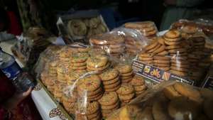 epa12437840 Food products on display at the annual Afghan Agricultural and Livestock Products Exhibition in Kabul, Afghanistan, 07 October 2025. The event opened at Kabul's Badam Bagh with 270 booths showcasing produce and handicrafts.  EPA/SAMIULLAH POPAL
