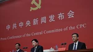 epa12477479 Director of the Policy Research Office of the CPC Central Committee, Jiang Jinquan; Deputy Director in charge of routine work of the Office of the Central Financial and Economic Affairs Commission, Han Wenxiu; and Minister of Science and Technology, Yin Hejun (L to R); offer a press conference on the 4th Plenary Session of the 20th CPC Central Committee in Beijing, China, 24 October, 2025. The 4th Plenary Session of the 20th CPC Central Committee was held in Beijing between the 20 and 23 of October.  EPA/ANDRES MARTINEZ CASARES