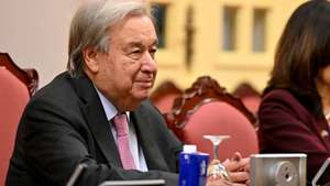 epa12478243 United Nations Secretary General Antonio Guterres looks on during a meeting with Vietnam's President Luong Cuong at the Presidential Palace in Hanoi, Vietnam, 24 October 2025.  EPA/NHAC NGUYEN / POOL