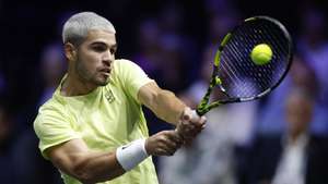 epa12488189 Carlos Alcaraz of Spain in action during his second round match against Cameron Norrie of Great Britain at the ATP Paris Masters tennis tournament in Nanterre, outside Paris, France, 28 October 2025.  EPA/YOAN VALAT