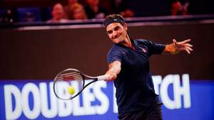 epa12444836 Swiss former tennis player Roger Federer in action during the 'Roger &amp; Friends Celebrity Doubles Match' event at the Shanghai Masters tennis tournament in Shanghai, China, 10 October 2025.  EPA/ALEX PLAVEVSKI