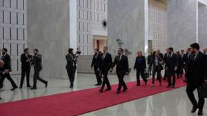 epa12568824 Syrian Foreign Minister of the caretaker government Asaad Al-Shaibani (C-R) arrives for a reception with the UN Security Council delegation at the presidential palace in Damascus, Syria, 04 December 2025. A delegation from the United Nations Security Council visits Syria on 04 December in the first-ever visit of a UN Security Council delegation to Damascus and days before the first anniversary of the sudden collapse of Bashar al-Assad’s regime on 08 December 2024.  EPA/MOHAMMED AL RIFAI