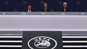 epa12731092 UEFA President Aleksander Ceferin (C) attends the press conference following the 50th UEFA Ordinary Congress in Brussels, Belgium, 12 February 2026.  EPA/CHRISTOPHER NEUNDORF