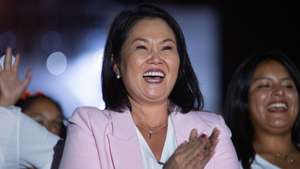 epaselect epa12879474 Keiko Fujimori, the presidential candidate for Peru’s Fuerza Popular party, reacts during her campaign rally in Lima, Peru, 09 April 2026.  EPA/Renato Pajuelo