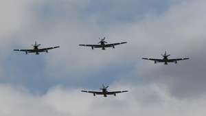 epa12207089 Four AT-29 Super Tucano defense aircraft arrive at the Paraguayan Air Force's First Air Brigade, in Luque, Paraguay, 30 June 2025. The Paraguayan government received four of the six A-29 Super Tucano defense aircraft they purchased from Embraer.  EPA/Juan Pablo Pino