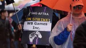 epa11943237 Members of SAG-AFTRA (Screen Actors Guild-American Federation of Television and Radio Artists) hold a picket outside WB Games Inc. in Burbank, California, USA, 05 March 2025. Members of SAG-AFTRA have been on strike since July 2024 against video game companies that signed the Interactive Media Agreement over AI protections for voice and motion performers.  EPA/ALLISON DINNER
