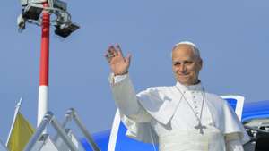 epa13019563 A handout picture provided by the Vatican Media shows Pope Leo XIV waving on his departure for Madrid as part of his apostolic journey to Spain, at Fiumicino airport in Rome, Italy, 06 June 2026. Pope Leo XIV is undertaking an official six-day visit to Spain from 06 to 12 June 2026 covering Madrid, Barcelona, and the Canary Islands.  EPA/VATICAN MEDIA HANDOUT HANDOUT EDITORIAL USE ONLY/NO SALES
