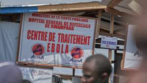 epa13042548 A sign is displayed at Rwampara General Hospital in Rwampara, Ituri province, Democratic Republic of the Congo, 16 June 2026. The Democratic Republic of the Congo has been facing an Ebola outbreak since May 2026, caused by the Bundibugyo strain of the Ebola virus.  EPA/DIEUDONNE DIROLE