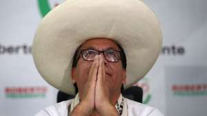 epa13058710 Peruvian presidential candidate Roberto Sanchez reacts during a press conference following Peru’s presidential runoff in Lima, Peru, 23 June 2026.  EPA/Paolo Aguilar