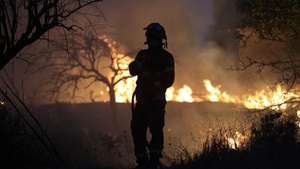 Um bombeiro comabte o incêndio florestal que começou em Ervedal da Beira, Oliveira do Hospital, mas passou para Caldas da Felgueira, no concelho de Nelas, em Viseu, 19 de setembro de 2025. O fogo que lavra desde a tarde de hoje em Oliveira do Hospital, no distrito de Coimbra, obrigou à retirada de mais de duas dezenas de pessoas das suas casas. PAULO NOVAIS/LUSA