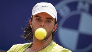 epa13115030 Jaime Faria of Portugal in action during the Round of 16 match against Casper Ruud of Norway at the Swiss Open tennis tournament in Gstaad, Switzerland, 16 July 2026.  EPA/ANTHONY ANEX