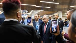 epa13091012 UN Secretary-General Antonio Guterres (C-R) poses with Yuhang Li (C-L), Deputy Chair of the World Digital Technology Academy, during the Global Dialogue on AI Governance at Palexpo in Geneva, Switzerland, 06 July 2026. The first session of the Global Dialogue on AI Governance is being held in Geneva on 06 and 07 July 2026. A second session will take place in New York in May 2027.  EPA/SALVATORE DI NOLFI