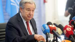 epa13139086 UN Secretary-General Antonio Guterres attends a press conference after his meeting with Cyprus President Nikos Christodoulides and Turkish Cypriot leader Tufan Erhurman (both not pictured) at the UN Buffer Zone in Nicosia, Cyprus, 29 July 2026. Guterres is on an official visit to Cyprus, which is the first visit by a UN Secretary-General to the island in 16 years. The visit comes nine years after the collapse of the Crans-Montana conference talks, with a goal of restarting substantive Cyprus talks within the next few months.  EPA/GEORGE CHRISTOPHOROU