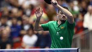 epa11668555 Marcos Freitas of Portugal in action during the Men’s Single Round of 16 match Dimitrij Ovtcharov of Germany at the Table Tennis European Championships in Linz, Austria, 19 October 2024.  EPA/ANNA SZILAGYI
