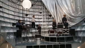 epa10634308 People watch the work "Ball Theatre" prior the pre-opening of Biennale Architecture 2023 exibithion, in Venice, Italy, 17 May 2023. The pre-opening will take place on 18 and 19 May. The 18th International Architecture Exhibition will be open to the public from 20 May to 26 November and will be curated by Lesley Lokko and organised by La Biennale di Venezia.  EPA/ANDREA MEROLA