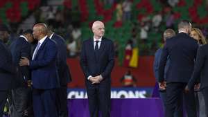 epa13175017 FIFA President Gianni Infantino attends the trophy presentation ceremony following the Women's Africa Cup of Nations (WAFCON) final match between Cameroon and Malawi in Rabat, Morocco, 16 August 2026.  EPA/JALAL MORCHIDI
